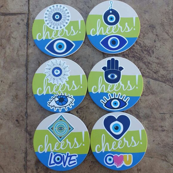 Evil Eye Hand Made Set of 6 Ceramic Coasters Table Kitchen Home Office Decor - Picture 1 of 3